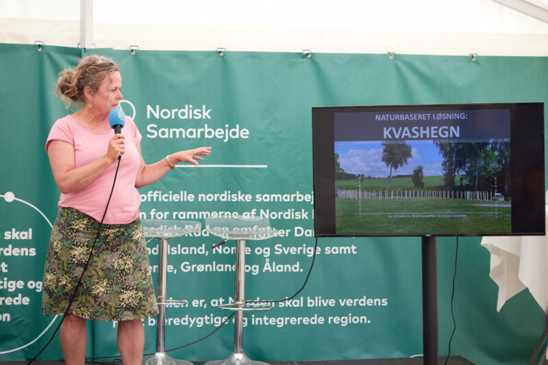 Rikke Edberg, programleder på projekt Mere natur - mindre affald fortæller deltagere på Folkemødet om de mange kvashegn i Skanderborg og Odder.