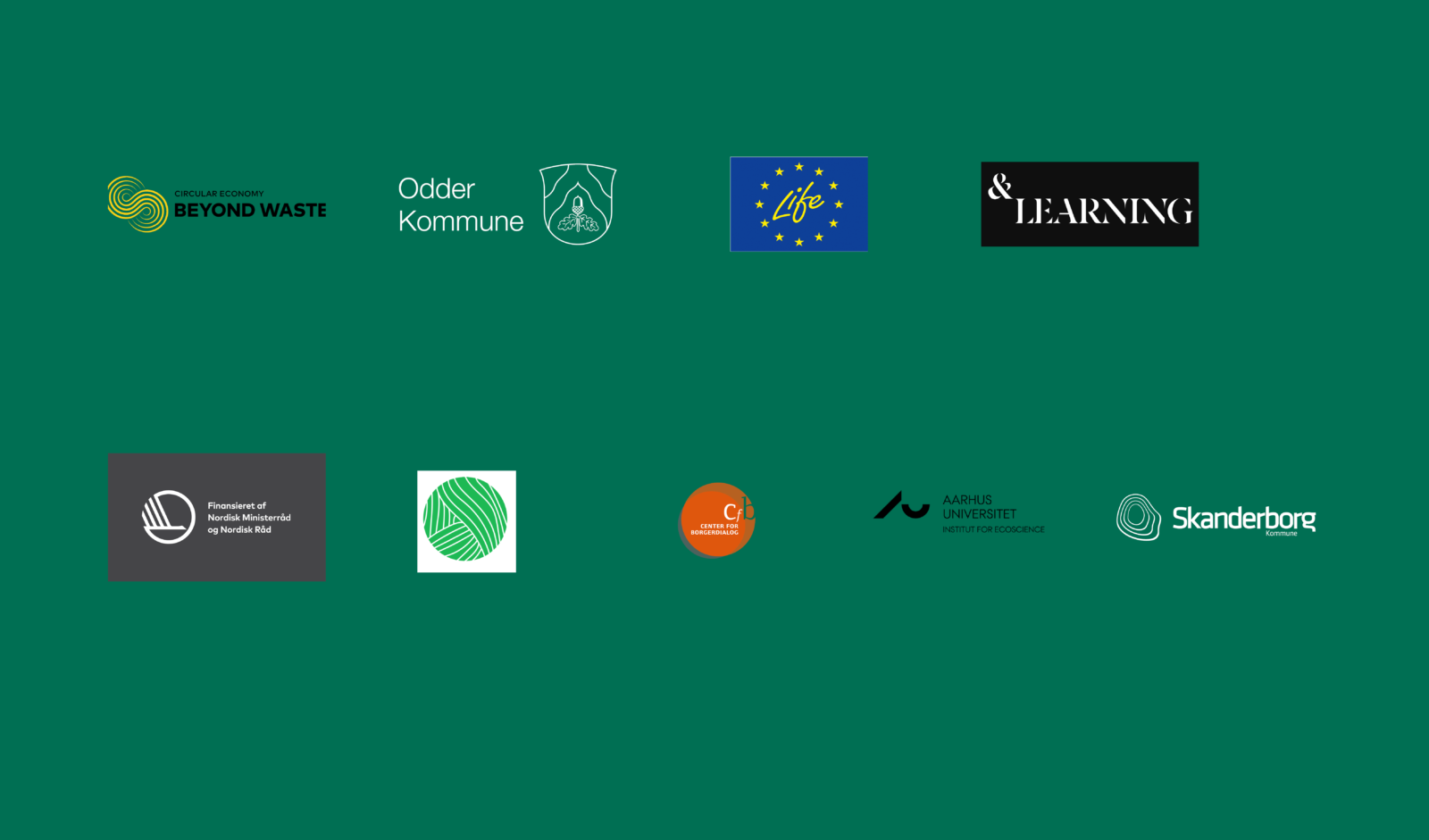 Samling af logoer fra samarbejdspartnere omkring projektet med kvashegn under titlen Mere natur - mindre affald.